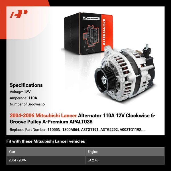 2004-2006 Mitsubishi Lancer Alternator 110A 12V Clockwise 6-Groove Pulley A-Premium APALT038