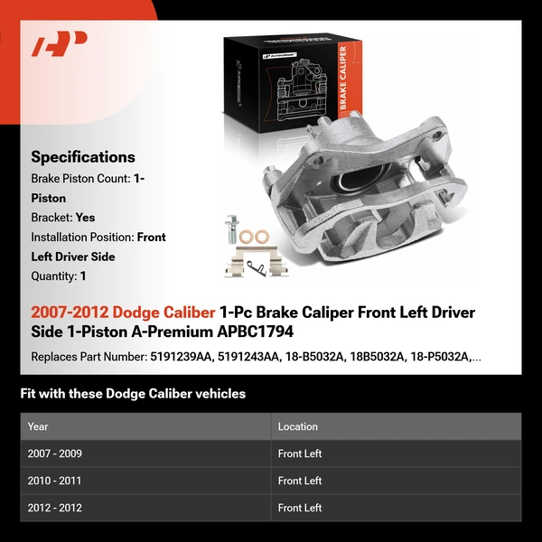2007-2012 Dodge Caliber 1-Pc Brake Caliper Front Left Driver Side 1-Piston A-Premium APBC1794