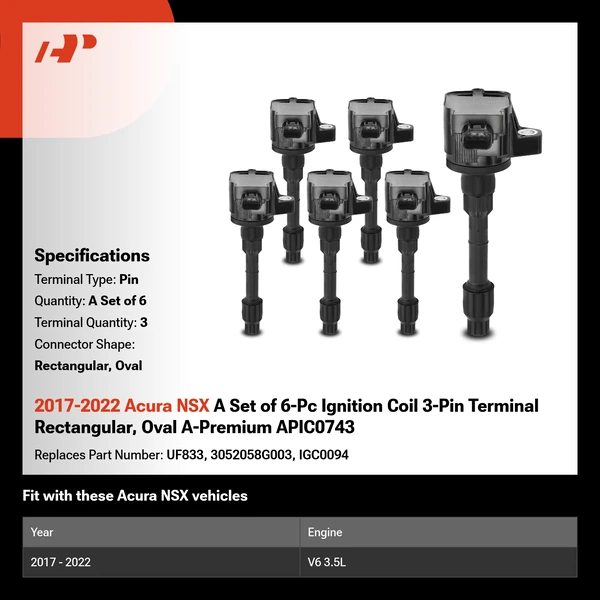 2017-2022 Acura NSX A Set of 6-Pc Ignition Coil 3-Pin Terminal Rectangular, Oval A-Premium APIC0743