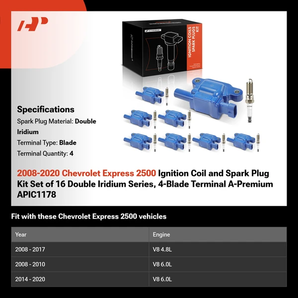 2008-2020 Chevrolet Express 2500 Ignition Coil and Spark Plug Kit Set of 16 Double Iridium Series, 4-Blade Terminal A-Premium APIC1178
