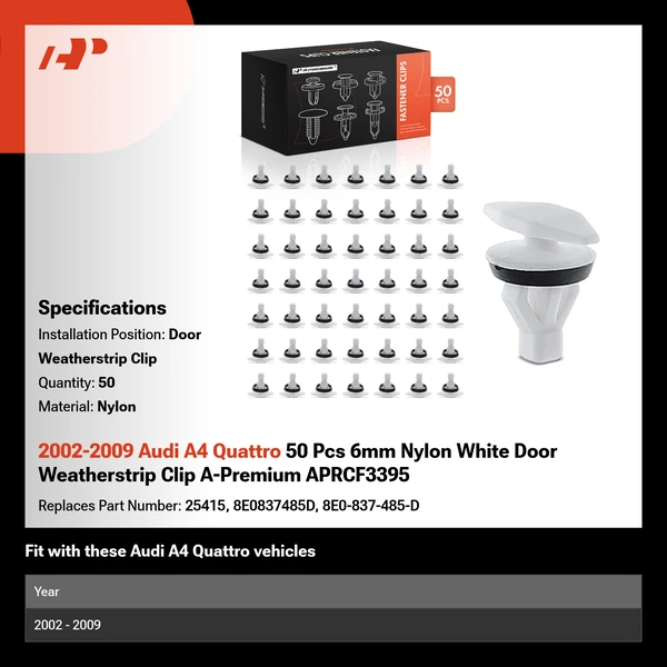 2002-2009 Audi A4 Quattro 50 Pcs 6mm Nylon White Door Weatherstrip Clip A-Premium APRCF3395