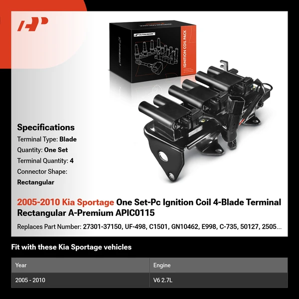 2005-2010 Kia Sportage One Set-Pc Ignition Coil 4-Blade Terminal Rectangular A-Premium APIC0115