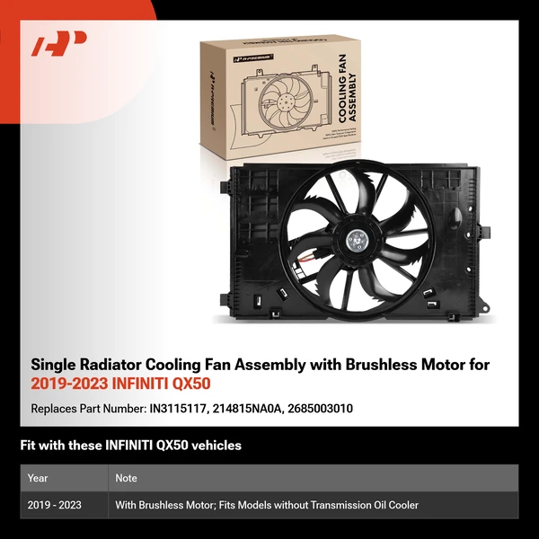 Single Radiator Cooling Fan Assembly with Brushless Motor for 2019-2023 INFINITI QX50