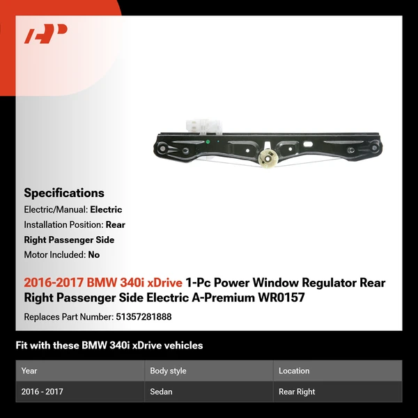 2016-2017 BMW 340i xDrive 1-Pc Power Window Regulator Rear Right Passenger Side Electric A-Premium WR0157
