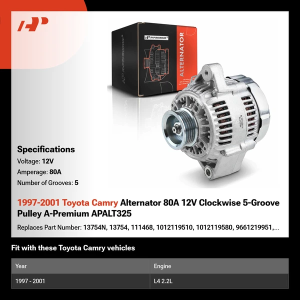 1997-2001 Toyota Camry Alternator 80A 12V Clockwise 5-Groove Pulley A-Premium APALT325