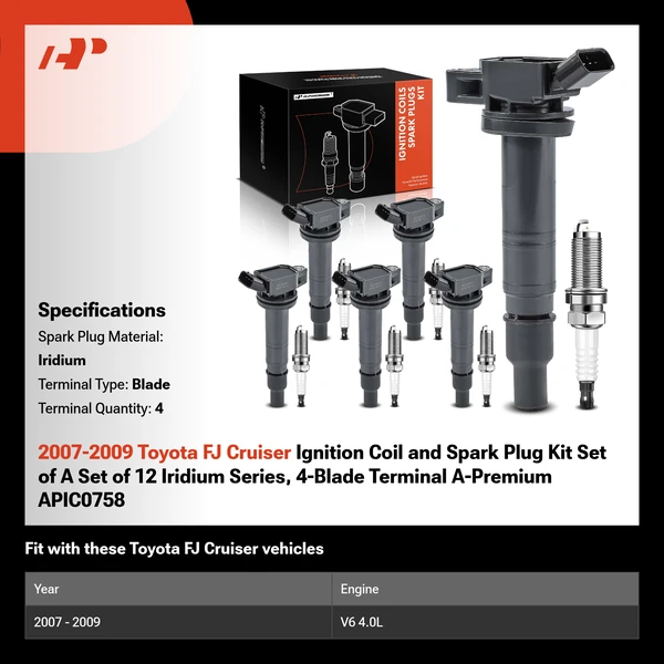2007-2009 Toyota FJ Cruiser Ignition Coil and Spark Plug Kit Set of A Set of 12 Iridium Series, 4-Blade Terminal A-Premium APIC0758