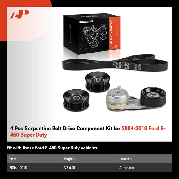 4 Pcs Serpentine Belt Drive Component Kit for 2004-2010 Ford E-450 Super Duty