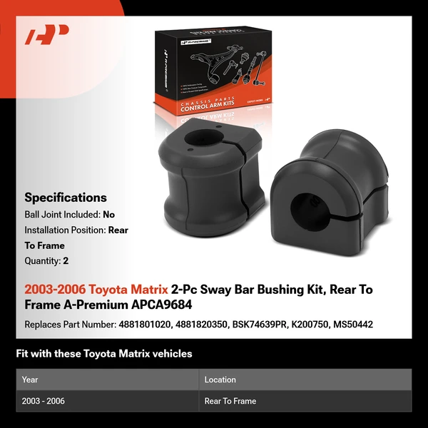 2003-2006 Toyota Matrix 2-Pc Sway Bar Bushing Kit, Rear To Frame A-Premium APCA9684