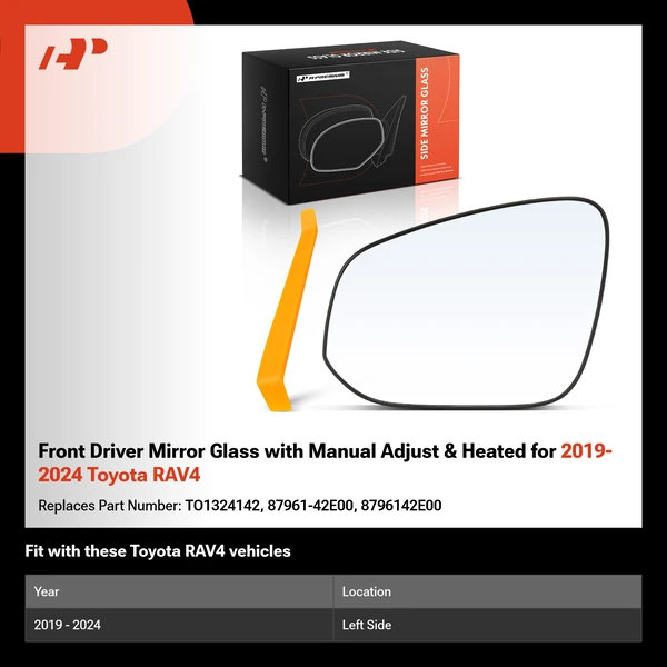 Front Driver Mirror Glass with Manual Adjust & Heated for 2019-2024 Toyota RAV4