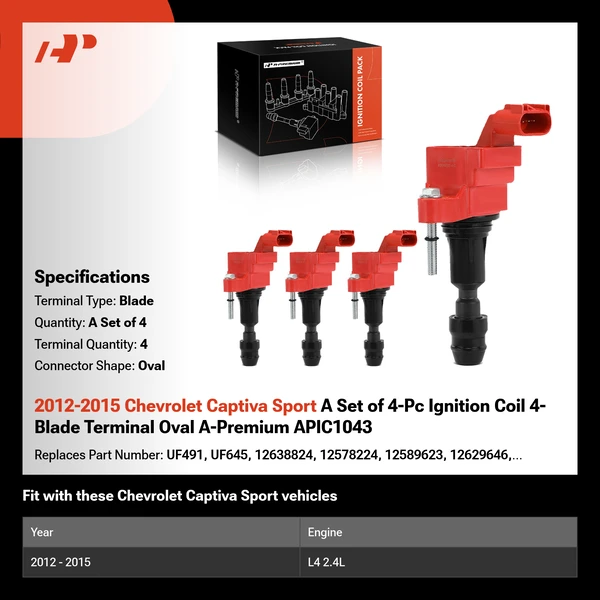 2012-2015 Chevrolet Captiva Sport A Set of 4-Pc Ignition Coil 4-Blade Terminal Oval A-Premium APIC1043
