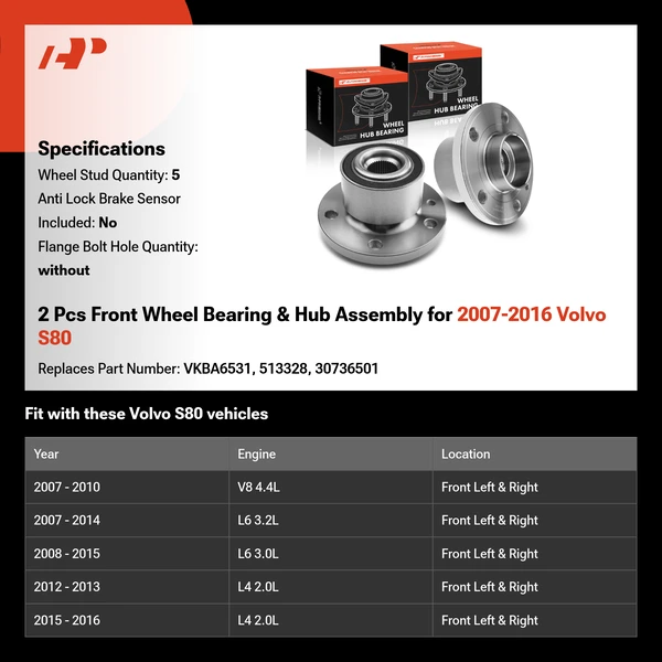 2 Pcs Front Wheel Bearing & Hub Assembly for 2007-2016 Volvo S80