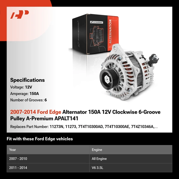 2007-2014 Ford Edge Alternator 150A 12V Clockwise 6-Groove Pulley A-Premium APALT141