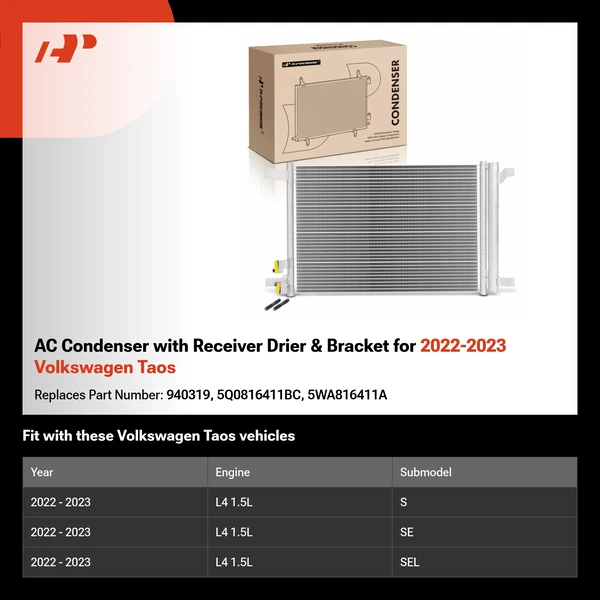 AC Condenser with Receiver Drier & Bracket for 2022-2023 Volkswagen Taos