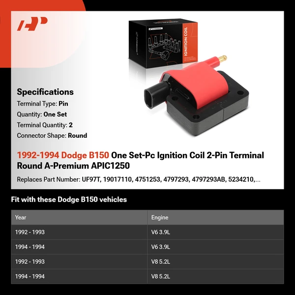 1992-1994 Dodge B150 One Set-Pc Ignition Coil 2-Pin Terminal Round A-Premium APIC1250