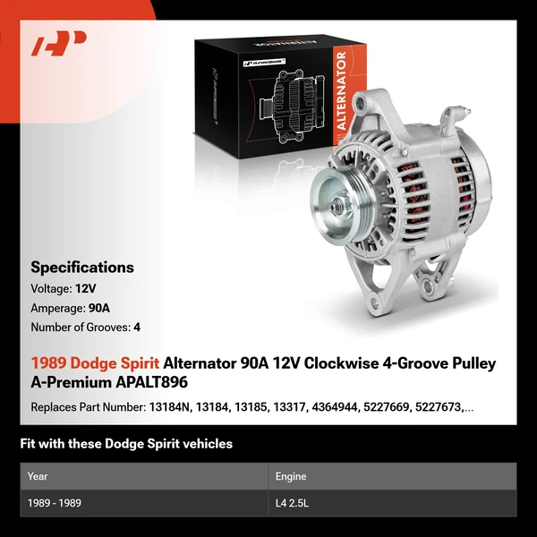 1989 Dodge Spirit Alternator 90A 12V Clockwise 4-Groove Pulley A-Premium APALT896