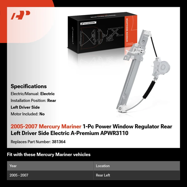 2005-2007 Mercury Mariner 1-Pc Power Window Regulator Rear Left Driver Side Electric A-Premium APWR3110