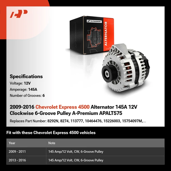 2009-2016 Chevrolet Express 4500 Alternator 145A 12V Clockwise 6-Groove Pulley A-Premium APALT575
