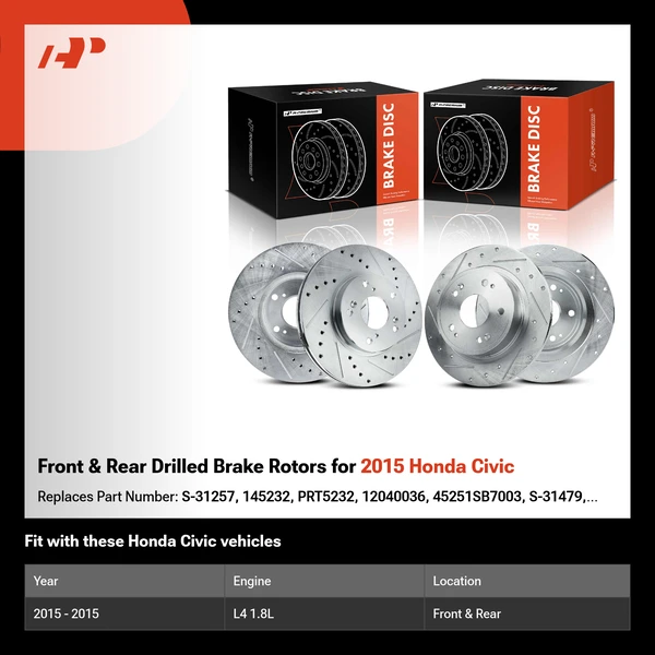 Front & Rear Drilled Brake Rotors for 2015 Honda Civic