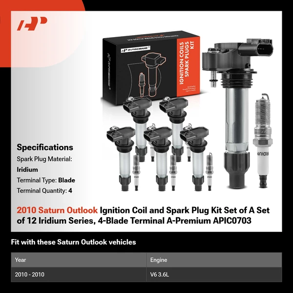 2010 Saturn Outlook Ignition Coil and Spark Plug Kit Set of A Set of 12 Iridium Series, 4-Blade Terminal A-Premium APIC0703