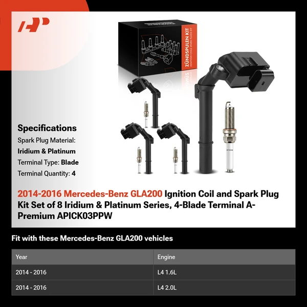 2014-2016 Mercedes-Benz GLA200 Ignition Coil and Spark Plug Kit Set of 8 Iridium & Platinum Series, 4-Blade Terminal A-Premium APICK03PPW