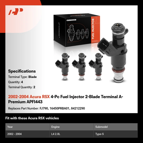 2002-2004 Acura RSX 4-Pc Fuel Injector 2-Blade Terminal A-Premium APFI443