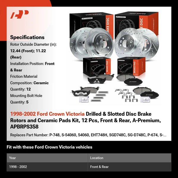 1998-2002 Ford Crown Victoria Drilled & Slotted Disc Brake Rotors and Ceramic Pads Kit, 12 Pcs, Front & Rear, A-Premium, APBRPS358