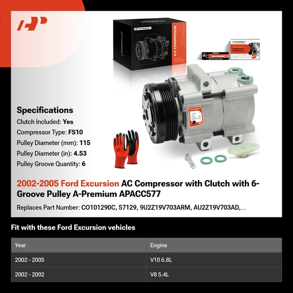 2002-2005 Ford Excursion AC Compressor with Clutch with 6-Groove Pulley A-Premium APACC577