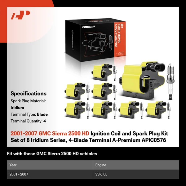 2001-2007 GMC Sierra 2500 HD Ignition Coil and Spark Plug Kit Set of 8 Iridium Series, 4-Blade Terminal A-Premium APIC0576