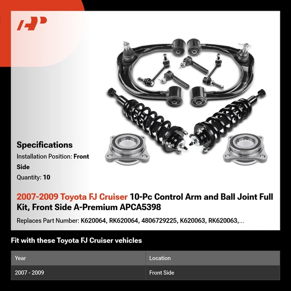 2007-2009 Toyota FJ Cruiser 10-Pc Control Arm and Ball Joint Full Kit, Front Side A-Premium APCA5398