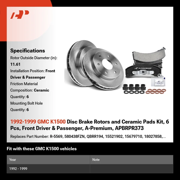 1992-1999 GMC K1500 Disc Brake Rotors and Ceramic Pads Kit, 6 Pcs, Front Driver & Passenger, A-Premium, APBRPR373