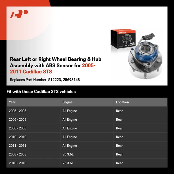 Rear Left or Right Wheel Bearing & Hub Assembly with ABS Sensor for 2005-2011 Cadillac STS