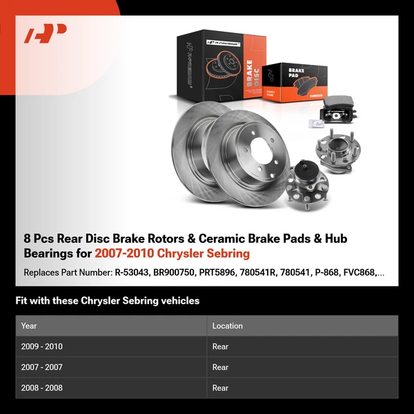 8 Pcs Rear Disc Brake Rotors & Ceramic Brake Pads & Hub Bearings for 2007-2010 Chrysler Sebring