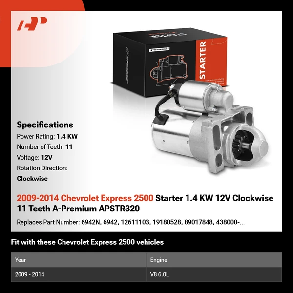 2009-2014 Chevrolet Express 2500 Starter 1.4 KW 12V Clockwise 11 Teeth A-Premium APSTR320