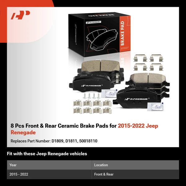 8 Pcs Front & Rear Ceramic Brake Pads for 2015-2022 Jeep Renegade