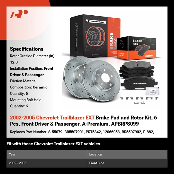 2002-2005 Chevrolet Trailblazer EXT Brake Pad and Rotor Kit, 6 Pcs, Front Driver & Passenger, A-Premium, APBRPS099