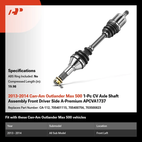 2013-2014 Can-Am Outlander Max 500 1-Pc CV Axle Shaft Assembly Front Driver Side A-Premium APCVA1737