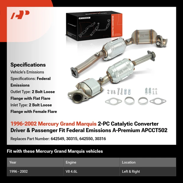 1996-2002 Mercury Grand Marquis 2-PC Catalytic Converter Driver & Passenger Fit Federal Emissions A-Premium APCCT502
