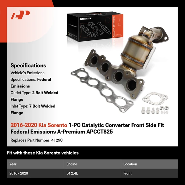 2016-2020 Kia Sorento 1-PC Catalytic Converter Front Side Fit Federal Emissions A-Premium APCCT825