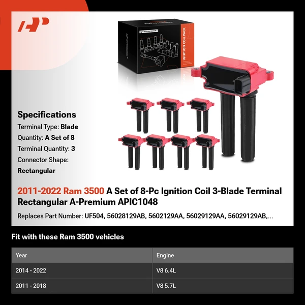 2011-2022 Ram 3500 A Set of 8-Pc Ignition Coil 3-Blade Terminal Rectangular A-Premium APIC1048