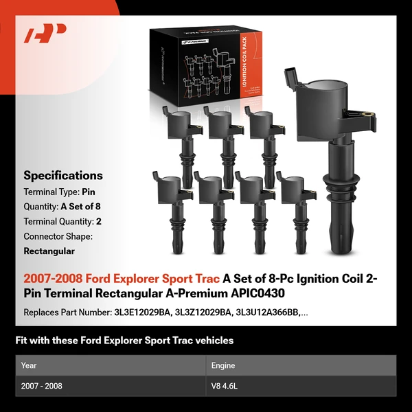 2007-2008 Ford Explorer Sport Trac A Set of 8-Pc Ignition Coil 2-Pin Terminal Rectangular A-Premium APIC0430