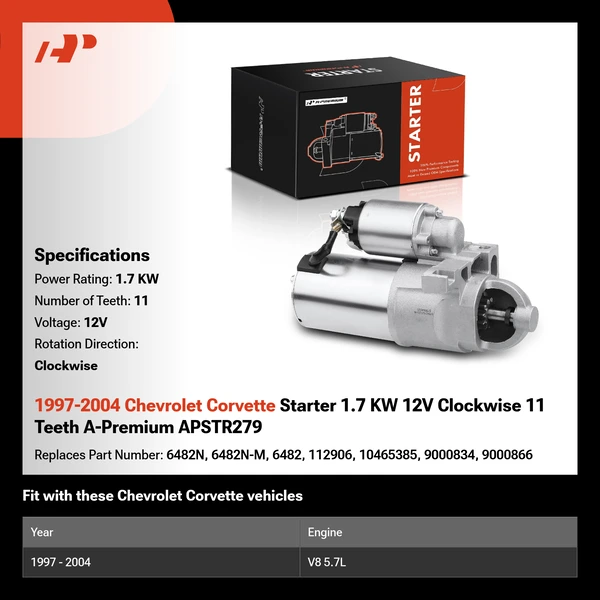 1997-2004 Chevrolet Corvette Starter 1.7 KW 12V Clockwise 11 Teeth A-Premium APSTR279