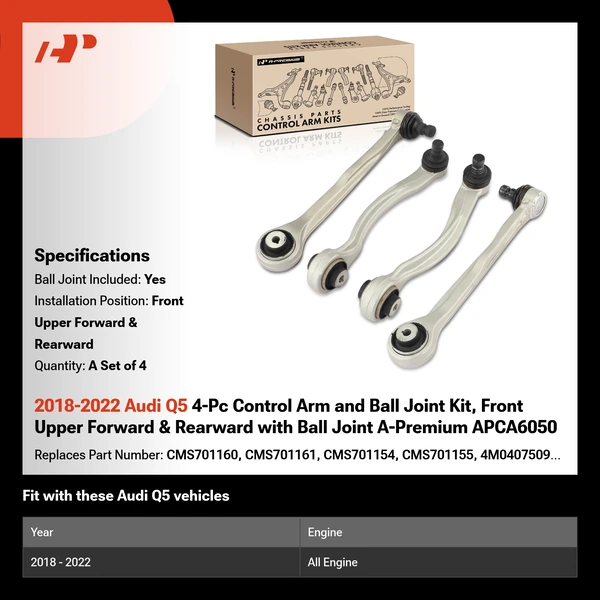 2018-2022 Audi Q5 4-Pc Control Arm and Ball Joint Kit, Front Upper Forward & Rearward with Ball Joint A-Premium APCA6050