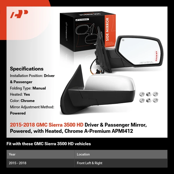 2015-2018 GMC Sierra 3500 HD Driver & Passenger Mirror, Powered, with Heated, Chrome A-Premium APMI412