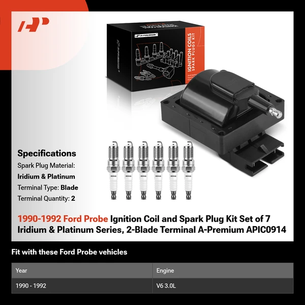 1990-1992 Ford Probe Ignition Coil and Spark Plug Kit Set of 7 Iridium & Platinum Series, 2-Blade Terminal A-Premium APIC0914