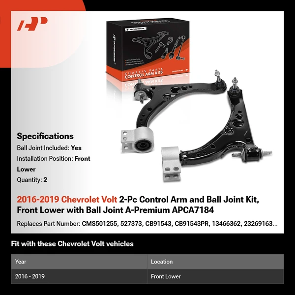 2016-2019 Chevrolet Volt 2-Pc Control Arm and Ball Joint Kit, Front Lower with Ball Joint A-Premium APCA7184