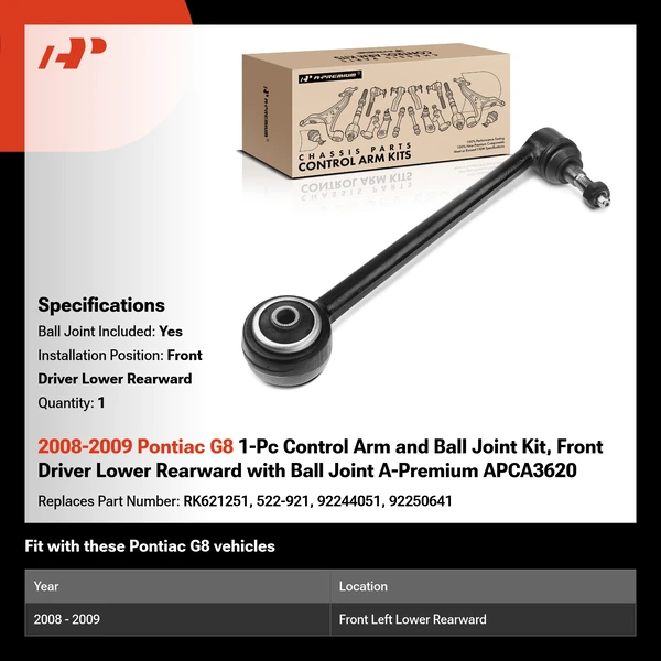 2008-2009 Pontiac G8 1-Pc Control Arm and Ball Joint Kit, Front Driver Lower Rearward with Ball Joint A-Premium APCA3620