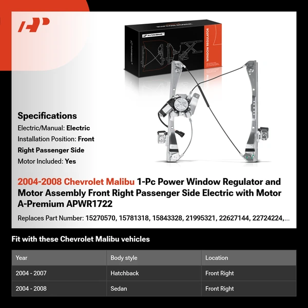 2004-2008 Chevrolet Malibu 1-Pc Power Window Regulator and Motor Assembly Front Right Passenger Side Electric with Motor A-Premium APWR1722