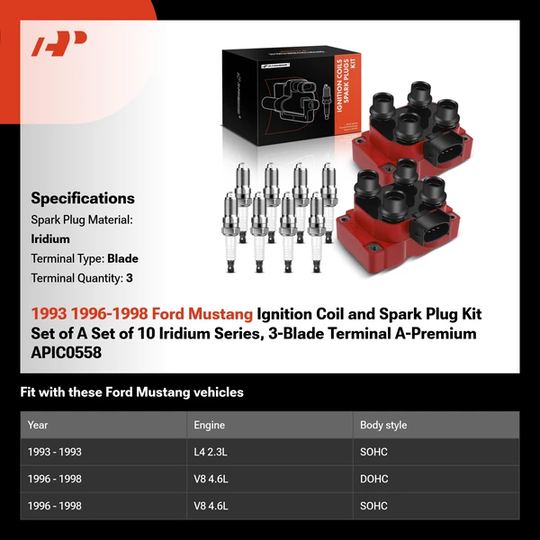 1993 1996-1998 Ford Mustang Ignition Coil and Spark Plug Kit Set of A Set of 10 Iridium Series, 3-Blade Terminal A-Premium APIC0558