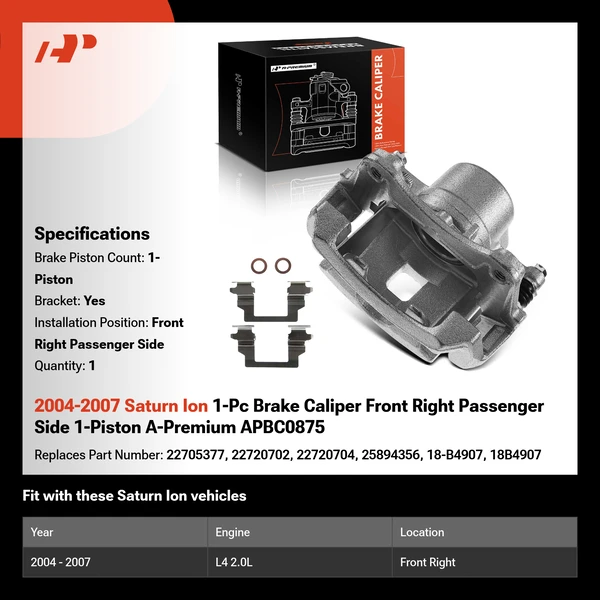 2004-2007 Saturn Ion 1-Pc Brake Caliper Front Right Passenger Side 1-Piston A-Premium APBC0875