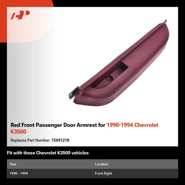 Red Front Passenger Door Armrest for 1990-1994 Chevrolet K3500